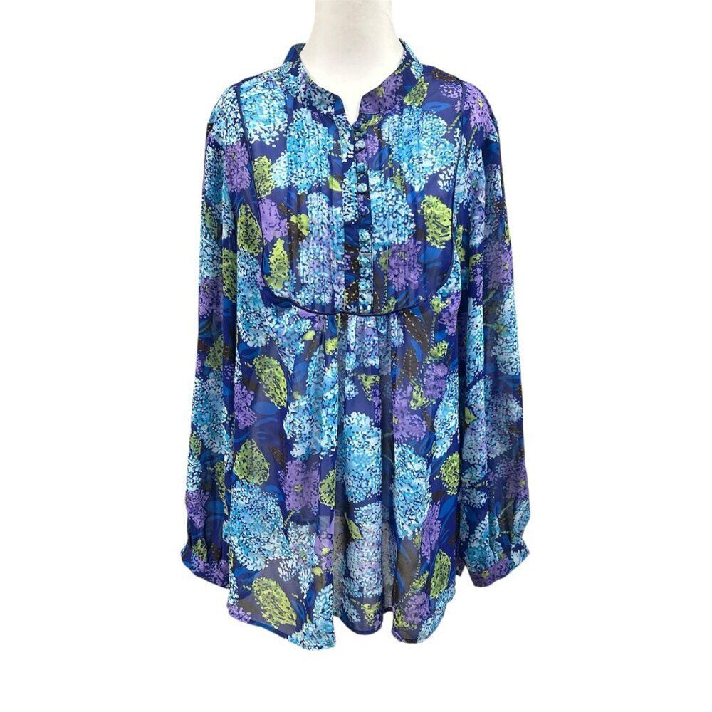 Susan Graver Abstract Floral Pintuck Sheer Popover Blouse Size 1X Glitter